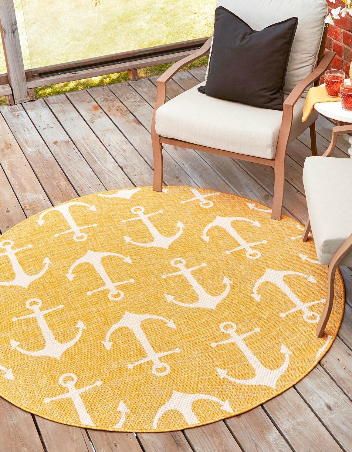 Yellow 5' 3 x 5' 3 Outdoor Coastal Round Area Rug Weather Resistant for Patio, Deck, Terrace, Balcony, Porch 100% Polypropylene Coastal Decor Carpet for Sale at Rug Engine