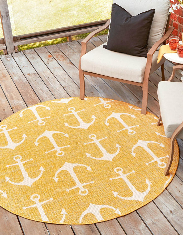 Yellow 5' 3 x 5' 3 Outdoor Coastal Round Area Rug Weather Resistant for Patio, Deck, Terrace, Balcony, Porch 100% Polypropylene Coastal Decor Carpet for Sale at Rug Engine
