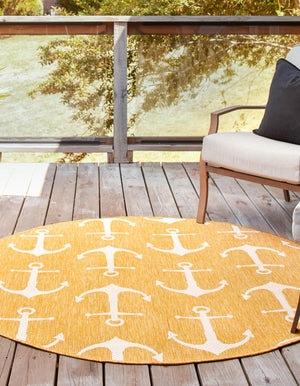 Yellow 5' 3 x 5' 3 Outdoor Coastal Round Area Rug Weather Resistant for Patio, Deck, Terrace, Balcony, Porch 100% Polypropylene Coastal Decor Carpet for Sale at Rug Engine