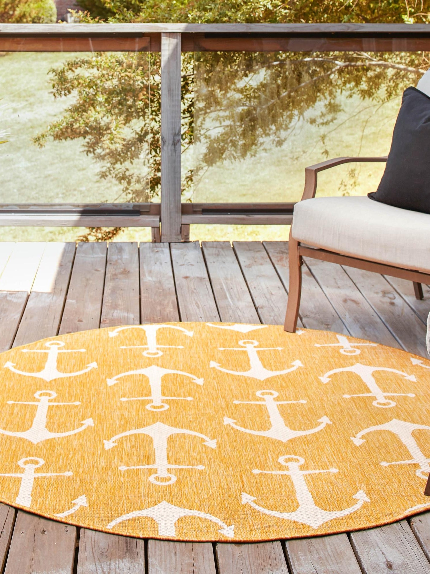 Yellow 10' x 10' Outdoor Coastal Round Area Rug Weather Resistant for Patio, Deck, Terrace, Balcony, Porch 100% Polypropylene Coastal Decor Carpet for Sale at Rug Engine