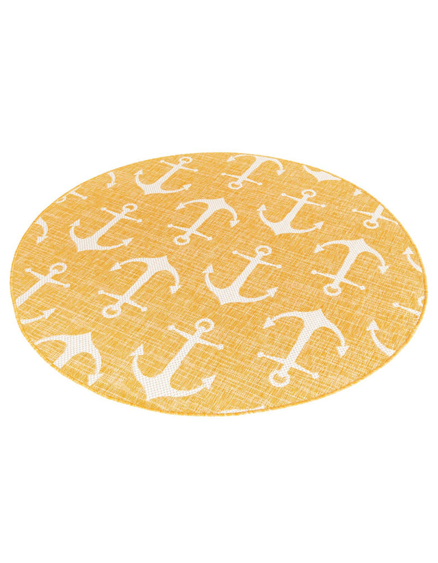 Yellow 5' 3 x 5' 3 Outdoor Coastal Round Area Rug Weather Resistant for Patio, Deck, Terrace, Balcony, Porch 100% Polypropylene Coastal Decor Carpet for Sale at Rug Engine