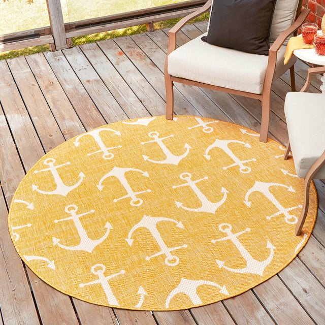 Yellow 5' 3 x 5' 3 Outdoor Coastal Round Area Rug Weather Resistant for Patio, Deck, Terrace, Balcony, Porch 100% Polypropylene Coastal Decor Carpet for Sale at Rug Engine