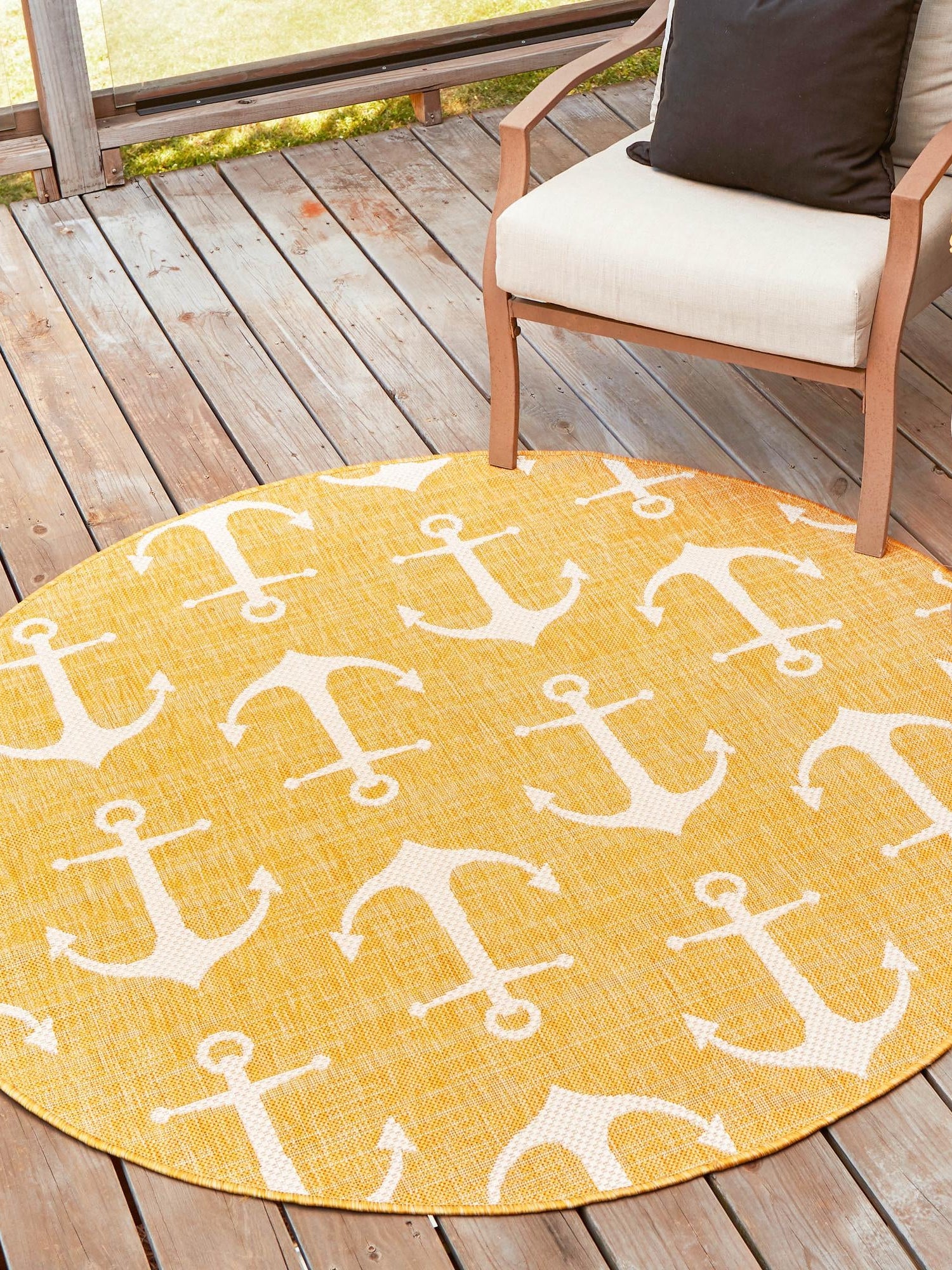 Yellow 7' 10 x 7' 10 Outdoor Coastal Round Area Rug Weather Resistant for Patio, Deck, Terrace, Balcony, Porch 100% Polypropylene Coastal Decor Carpet for Sale at Rug Engine