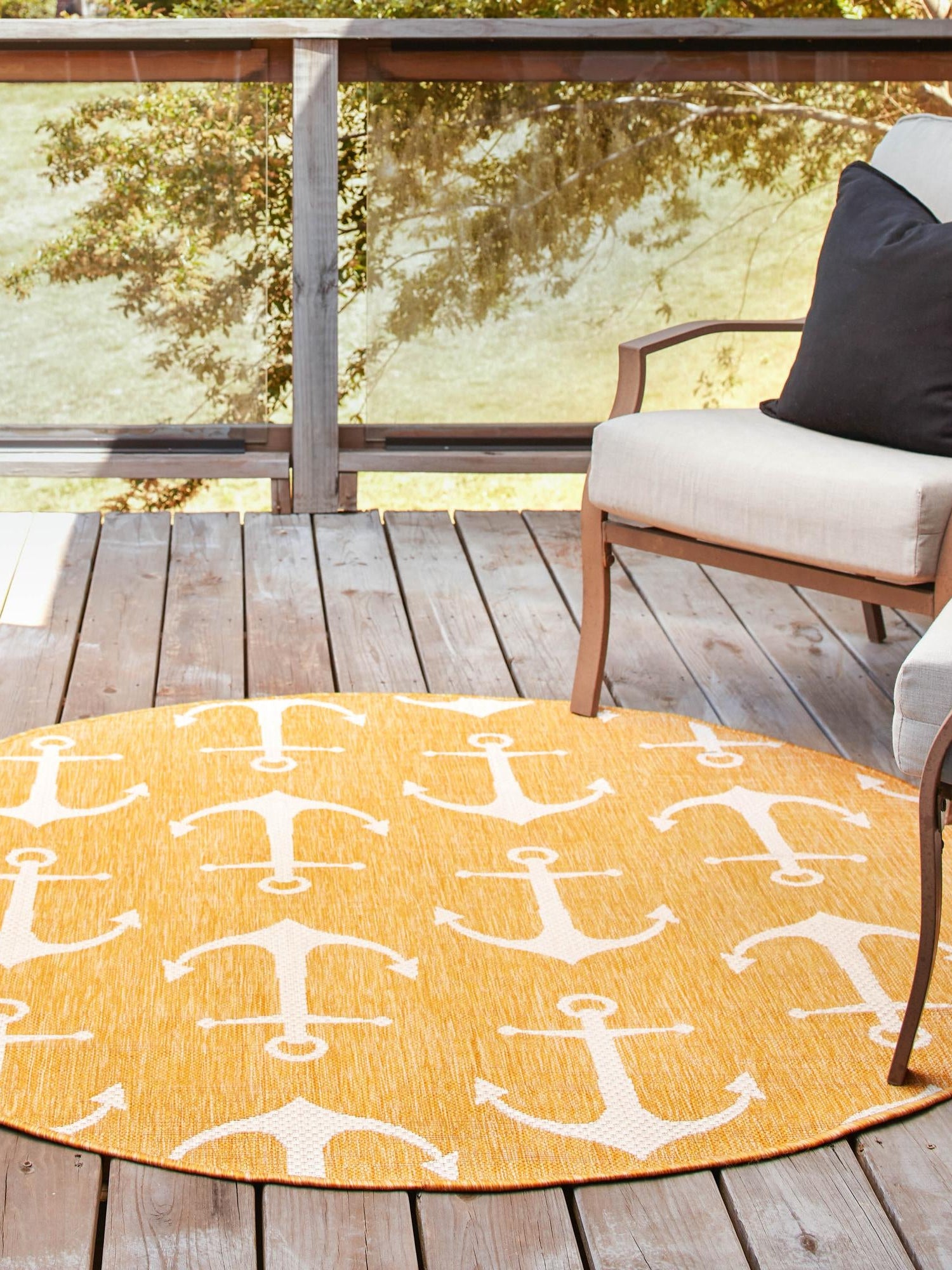 Yellow 7' 10 x 7' 10 Outdoor Coastal Round Area Rug Weather Resistant for Patio, Deck, Terrace, Balcony, Porch 100% Polypropylene Coastal Decor Carpet for Sale at Rug Engine
