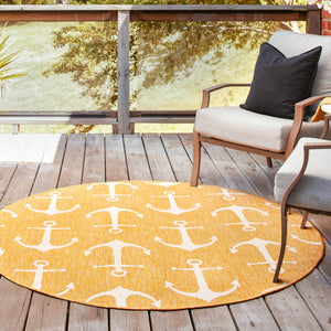 Yellow 7' 10 x 7' 10 Outdoor Coastal Round Area Rug Weather Resistant for Patio, Deck, Terrace, Balcony, Porch 100% Polypropylene Coastal Decor Carpet for Sale at Rug Engine