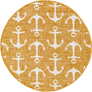 Yellow 3' 1 x 3' 1 Outdoor Coastal Round Area Rug Weather Resistant for Patio, Deck, Terrace, Balcony, Porch 100% Polypropylene Coastal Decor Carpet for Sale at Rug Engine