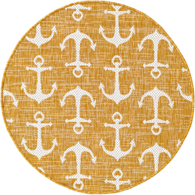 Yellow 3' 1 x 3' 1 Outdoor Coastal Round Area Rug Weather Resistant for Patio, Deck, Terrace, Balcony, Porch 100% Polypropylene Coastal Decor Carpet for Sale at Rug Engine
