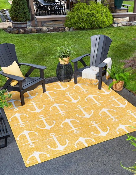 Yellow 10' x 10' Outdoor Coastal Square Area Rug Weather Resistant for Patio, Deck, Terrace, Balcony, Porch 100% Polypropylene Coastal Decor Carpet for Sale at Rug Engine
