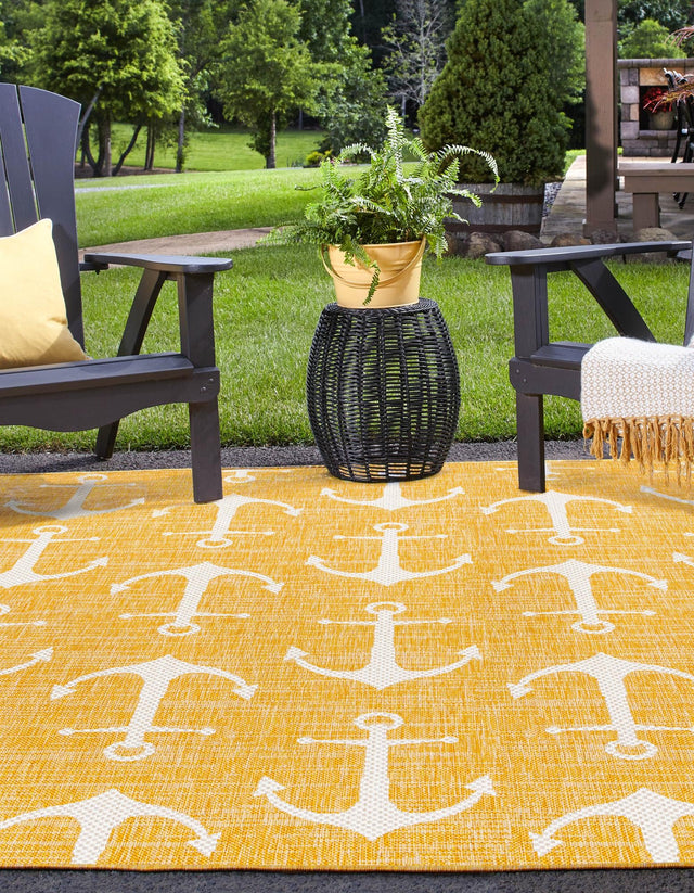 Yellow 10' x 10' Outdoor Coastal Square Area Rug Weather Resistant for Patio, Deck, Terrace, Balcony, Porch 100% Polypropylene Coastal Decor Carpet for Sale at Rug Engine