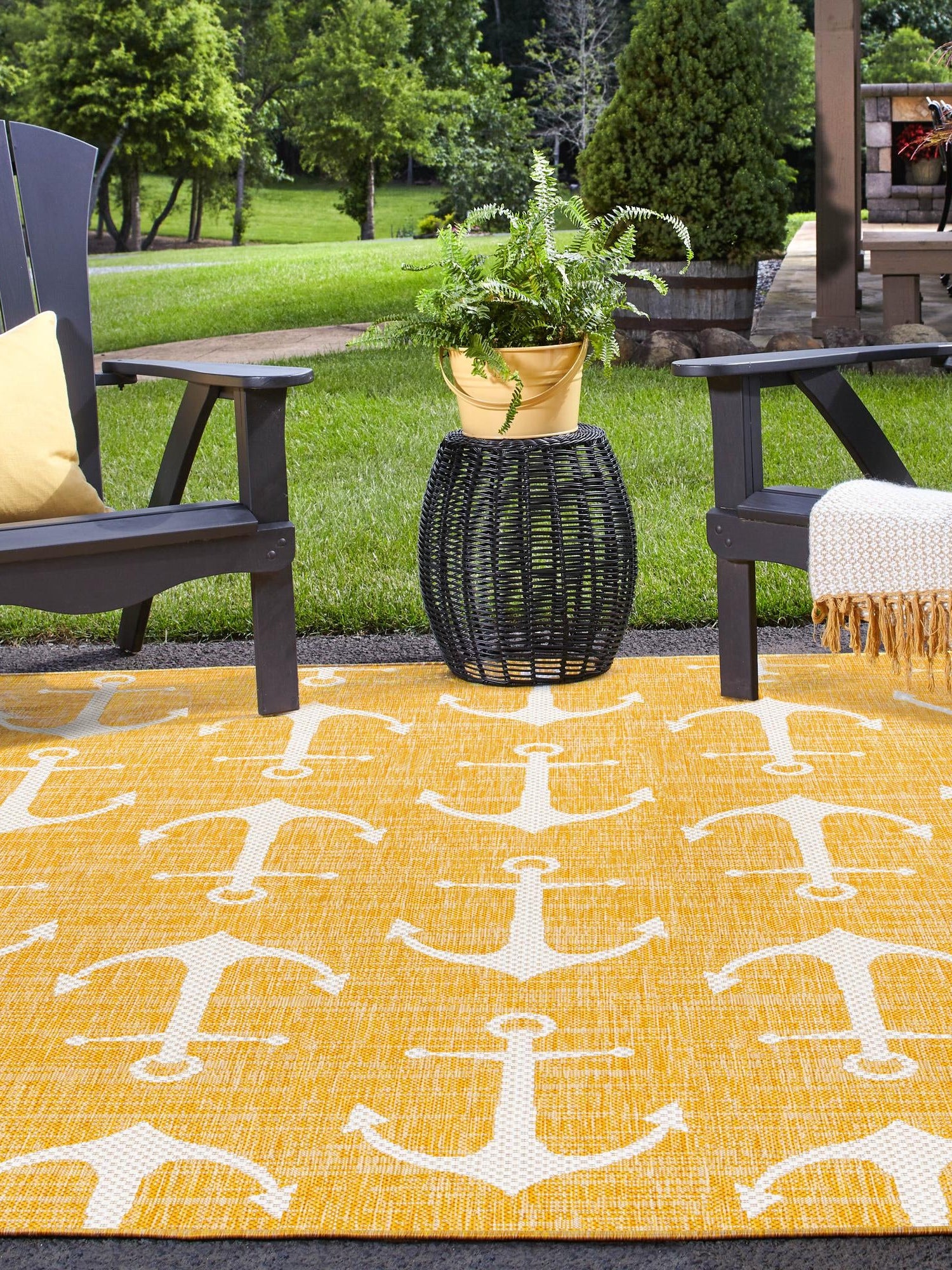 Yellow 5' 3 x 5' 3 Outdoor Coastal Square Area Rug Weather Resistant for Patio, Deck, Terrace, Balcony, Porch 100% Polypropylene Coastal Decor Carpet for Sale at Rug Engine