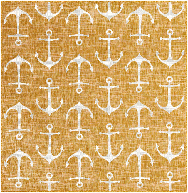 Yellow 7' 10 x 7' 10 Outdoor Coastal Square Area Rug Weather Resistant for Patio, Deck, Terrace, Balcony, Porch 100% Polypropylene Coastal Decor Carpet for Sale at Rug Engine