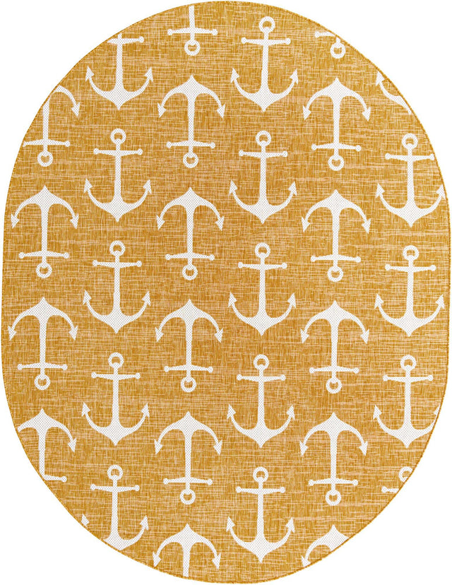 Yellow 7' 10 x 10' Outdoor Coastal Oval Area Rug Weather Resistant for Patio, Deck, Terrace, Balcony, Porch 100% Polypropylene Coastal Decor Carpet for Sale at Rug Engine