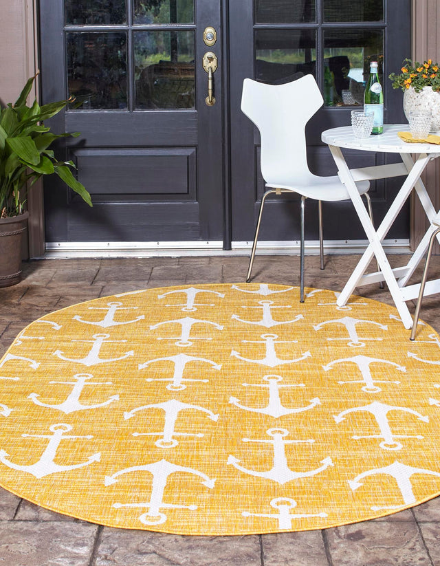 Yellow 5' 3 x 8' Outdoor Coastal Oval Area Rug Weather Resistant for Patio, Deck, Terrace, Balcony, Porch 100% Polypropylene Coastal Decor Carpet for Sale at Rug Engine