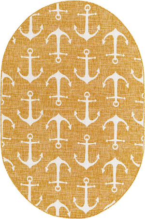 Yellow 5' 3 x 8' Outdoor Coastal Oval Area Rug Weather Resistant for Patio, Deck, Terrace, Balcony, Porch 100% Polypropylene Coastal Decor Carpet for Sale at Rug Engine