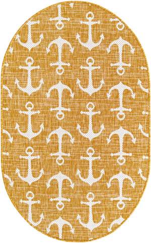 Yellow 3' 1 x 5' 3 Outdoor Coastal Oval Area Rug Weather Resistant for Patio, Deck, Terrace, Balcony, Porch 100% Polypropylene Coastal Decor Carpet for Sale at Rug Engine