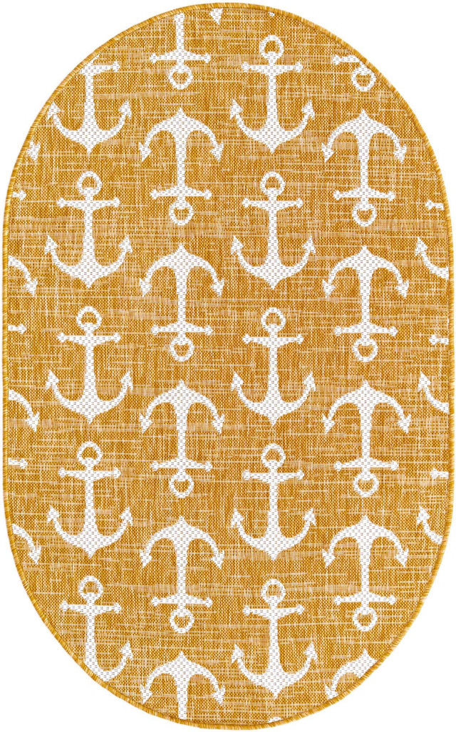Yellow 3' 1 x 5' 3 Outdoor Coastal Oval Area Rug Weather Resistant for Patio, Deck, Terrace, Balcony, Porch 100% Polypropylene Coastal Decor Carpet for Sale at Rug Engine