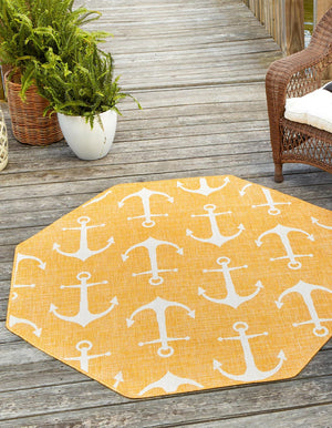 Yellow 5' 3 x 5' 3 Outdoor Coastal Octagon Area Rug Weather Resistant for Patio, Deck, Terrace, Balcony, Porch 100% Polypropylene Coastal Decor Carpet for Sale at Rug Engine