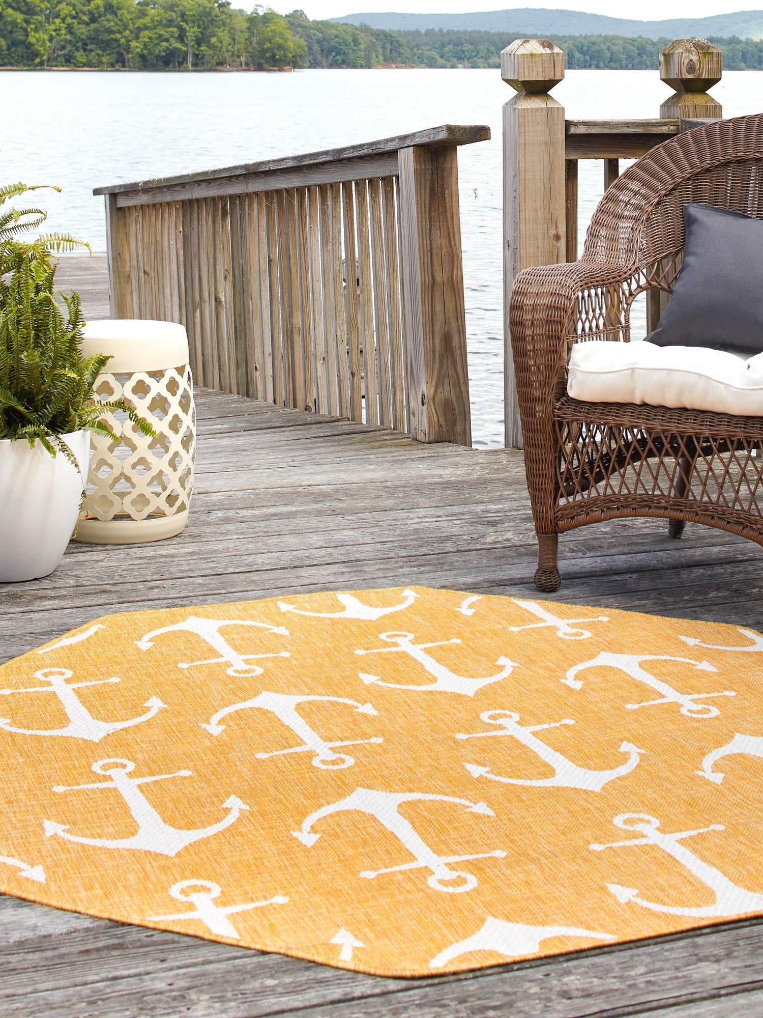 Yellow 5' 3 x 5' 3 Outdoor Coastal Octagon Area Rug Weather Resistant for Patio, Deck, Terrace, Balcony, Porch 100% Polypropylene Coastal Decor Carpet for Sale at Rug Engine