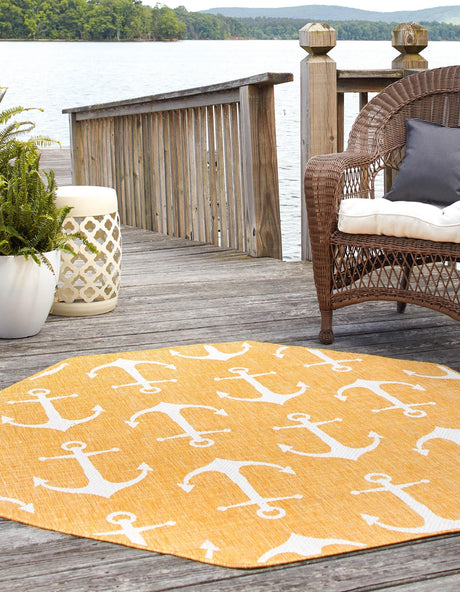Yellow 5' 3 x 5' 3 Outdoor Coastal Octagon Area Rug Weather Resistant for Patio, Deck, Terrace, Balcony, Porch 100% Polypropylene Coastal Decor Carpet for Sale at Rug Engine