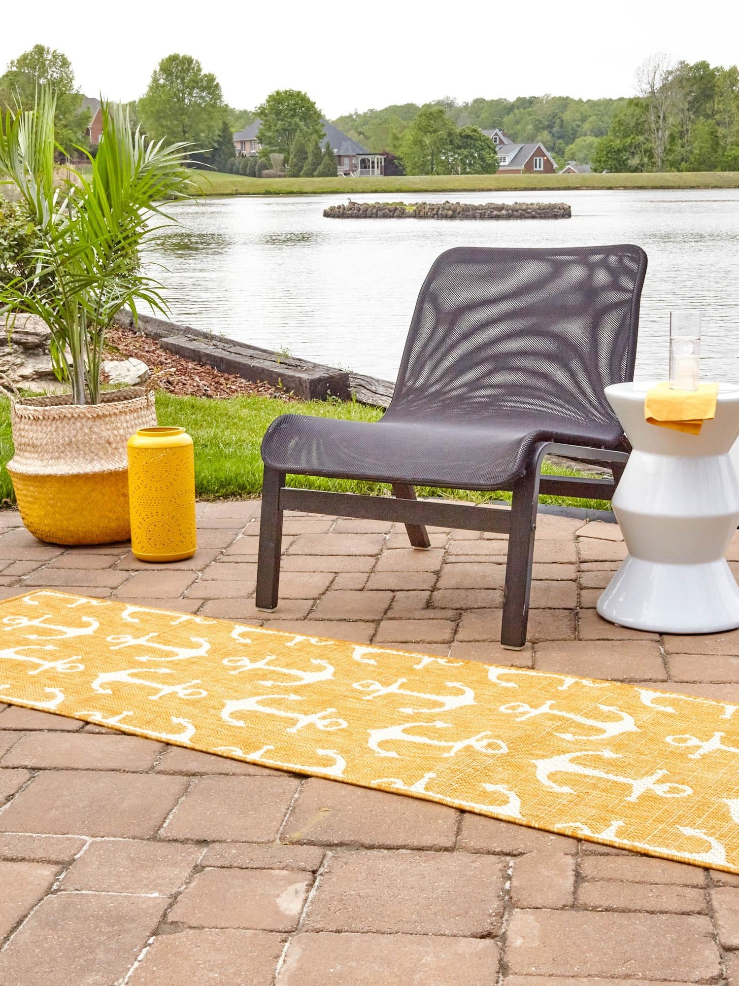 Yellow 2' x 6' 1 Outdoor Coastal Runner Area Rug Weather Resistant for Patio, Deck, Terrace, Balcony, Porch 100% Polypropylene Coastal Decor Carpet for Sale at Rug Engine