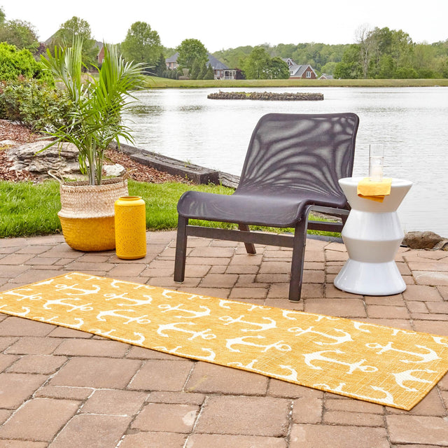 Yellow 2' 7 x 12' Outdoor Coastal Runner Area Rug Weather Resistant for Patio, Deck, Terrace, Balcony, Porch 100% Polypropylene Coastal Decor Carpet for Sale at Rug Engine