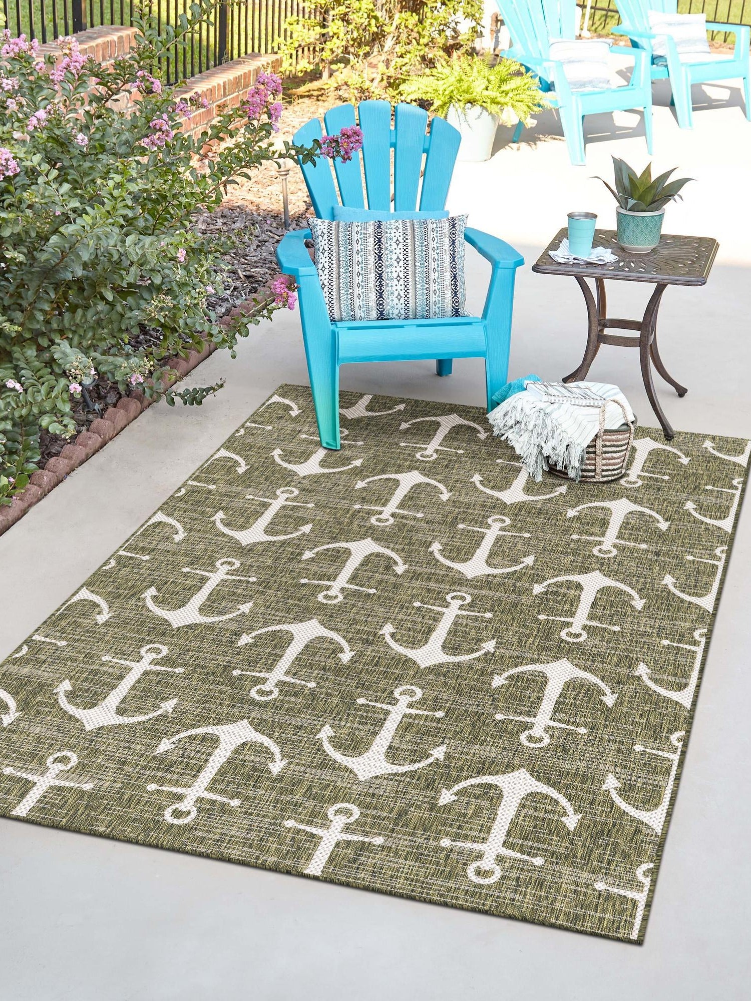 Green 10' x 14' 1 Outdoor Coastal Rectangle Area Rug Weather Resistant for Patio, Deck, Terrace, Balcony, Porch 100% Polypropylene Coastal Decor Carpet for Sale at Rug Engine
