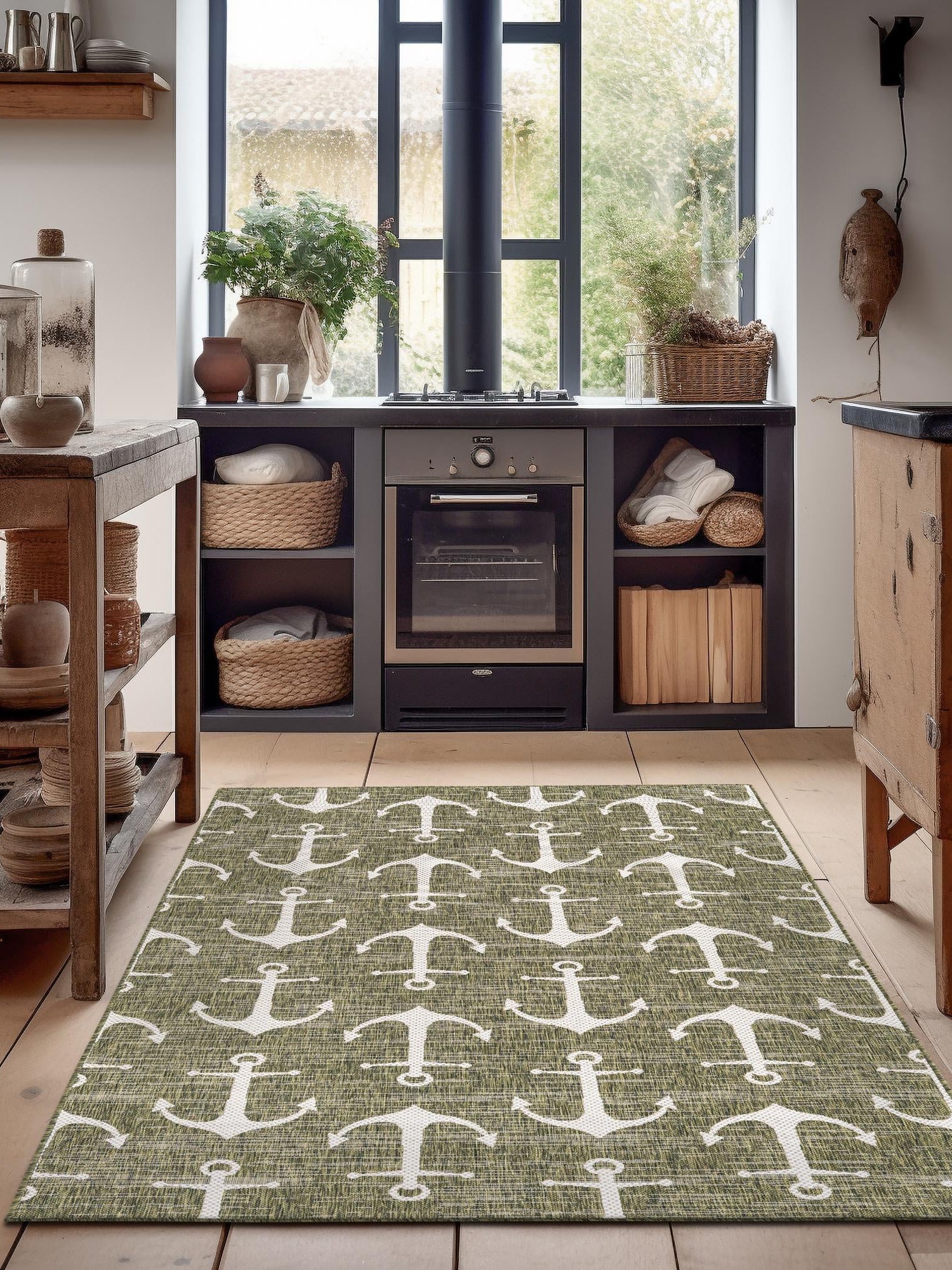 Green 7' 10 x 11' Outdoor Coastal Rectangle Area Rug Weather Resistant for Patio, Deck, Terrace, Balcony, Porch 100% Polypropylene Coastal Decor Carpet for Sale at Rug Engine