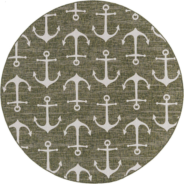 Green 7' 10 x 7' 10 Outdoor Coastal Round Area Rug Weather Resistant for Patio, Deck, Terrace, Balcony, Porch 100% Polypropylene Coastal Decor Carpet for Sale at Rug Engine
