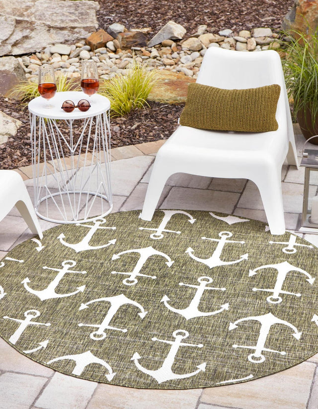 Green 4' 1 x 4' 1 Outdoor Coastal Round Area Rug Weather Resistant for Patio, Deck, Terrace, Balcony, Porch 100% Polypropylene Coastal Decor Carpet for Sale at Rug Engine