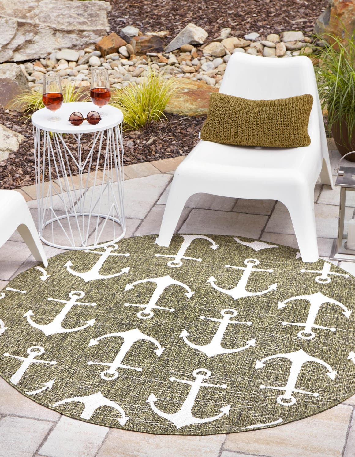 Green 5' 3 x 5' 3 Outdoor Coastal Round Area Rug Weather Resistant for Patio, Deck, Terrace, Balcony, Porch 100% Polypropylene Coastal Decor Carpet for Sale at Rug Engine