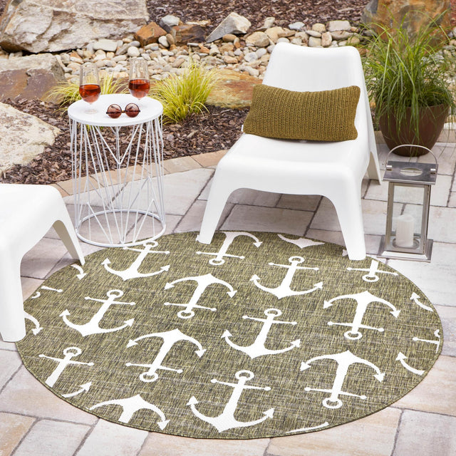 Green 3' 1 x 3' 1 Outdoor Coastal Round Area Rug Weather Resistant for Patio, Deck, Terrace, Balcony, Porch 100% Polypropylene Coastal Decor Carpet for Sale at Rug Engine
