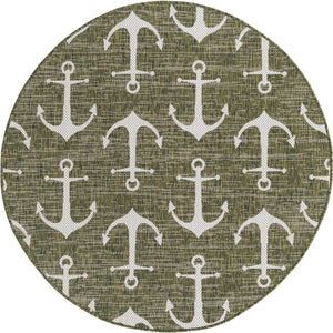 Green 5' 3 x 5' 3 Outdoor Coastal Round Area Rug Weather Resistant for Patio, Deck, Terrace, Balcony, Porch 100% Polypropylene Coastal Decor Carpet for Sale at Rug Engine