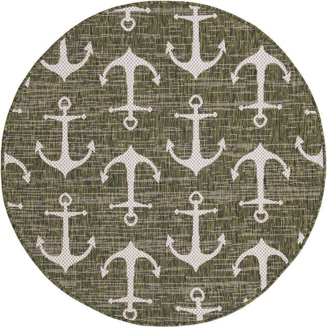Green 4' 1 x 4' 1 Outdoor Coastal Round Area Rug Weather Resistant for Patio, Deck, Terrace, Balcony, Porch 100% Polypropylene Coastal Decor Carpet for Sale at Rug Engine