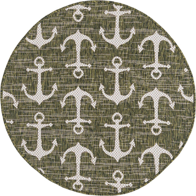 Green 3' 1 x 3' 1 Outdoor Coastal Round Area Rug Weather Resistant for Patio, Deck, Terrace, Balcony, Porch 100% Polypropylene Coastal Decor Carpet for Sale at Rug Engine