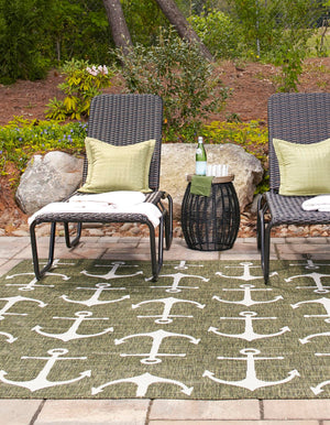 Green 13' 1 x 13' 1 Outdoor Coastal Square Area Rug Weather Resistant for Patio, Deck, Terrace, Balcony, Porch 100% Polypropylene Coastal Decor Carpet for Sale at Rug Engine
