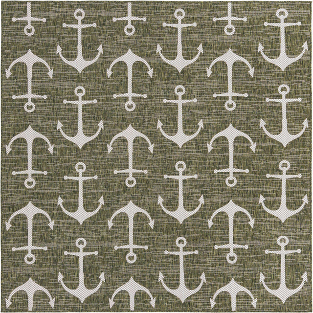 Green 7' 10 x 7' 10 Outdoor Coastal Square Area Rug Weather Resistant for Patio, Deck, Terrace, Balcony, Porch 100% Polypropylene Coastal Decor Carpet for Sale at Rug Engine