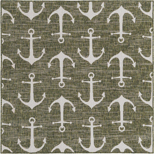 Green 5' 3 x 5' 3 Outdoor Coastal Square Area Rug Weather Resistant for Patio, Deck, Terrace, Balcony, Porch 100% Polypropylene Coastal Decor Carpet for Sale at Rug Engine