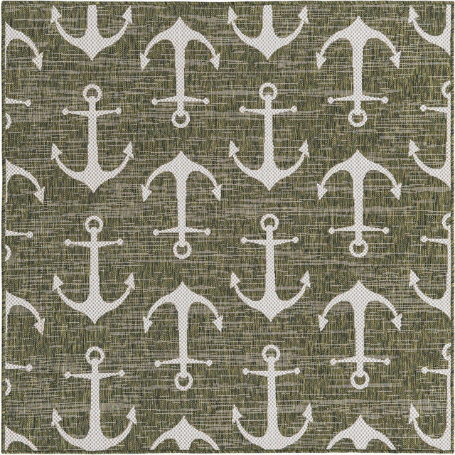 Green 5' 3 x 5' 3 Outdoor Coastal Square Area Rug Weather Resistant for Patio, Deck, Terrace, Balcony, Porch 100% Polypropylene Coastal Decor Carpet for Sale at Rug Engine