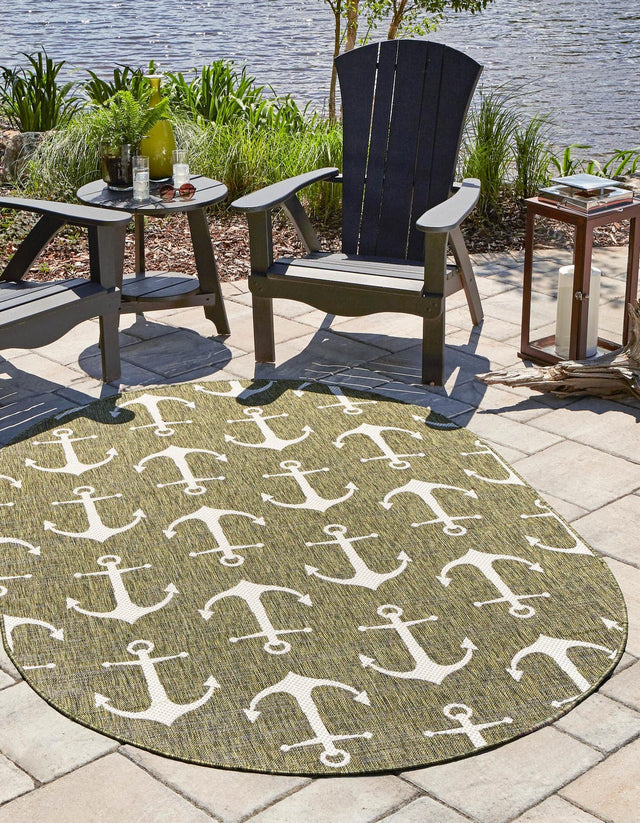 Green 5' 3 x 8' Outdoor Coastal Oval Area Rug Weather Resistant for Patio, Deck, Terrace, Balcony, Porch 100% Polypropylene Coastal Decor Carpet for Sale at Rug Engine