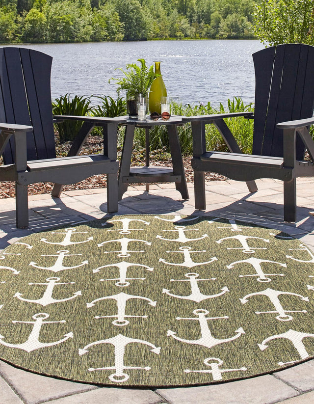 Green 7' 10 x 10' Outdoor Coastal Oval Area Rug Weather Resistant for Patio, Deck, Terrace, Balcony, Porch 100% Polypropylene Coastal Decor Carpet for Sale at Rug Engine