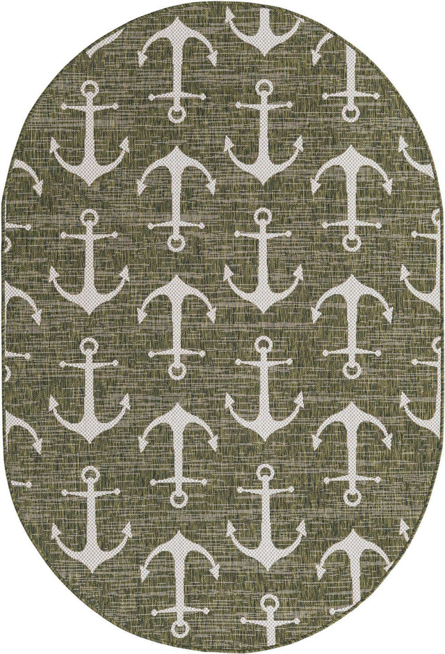 Green 5' 3 x 8' Outdoor Coastal Oval Area Rug Weather Resistant for Patio, Deck, Terrace, Balcony, Porch 100% Polypropylene Coastal Decor Carpet for Sale at Rug Engine