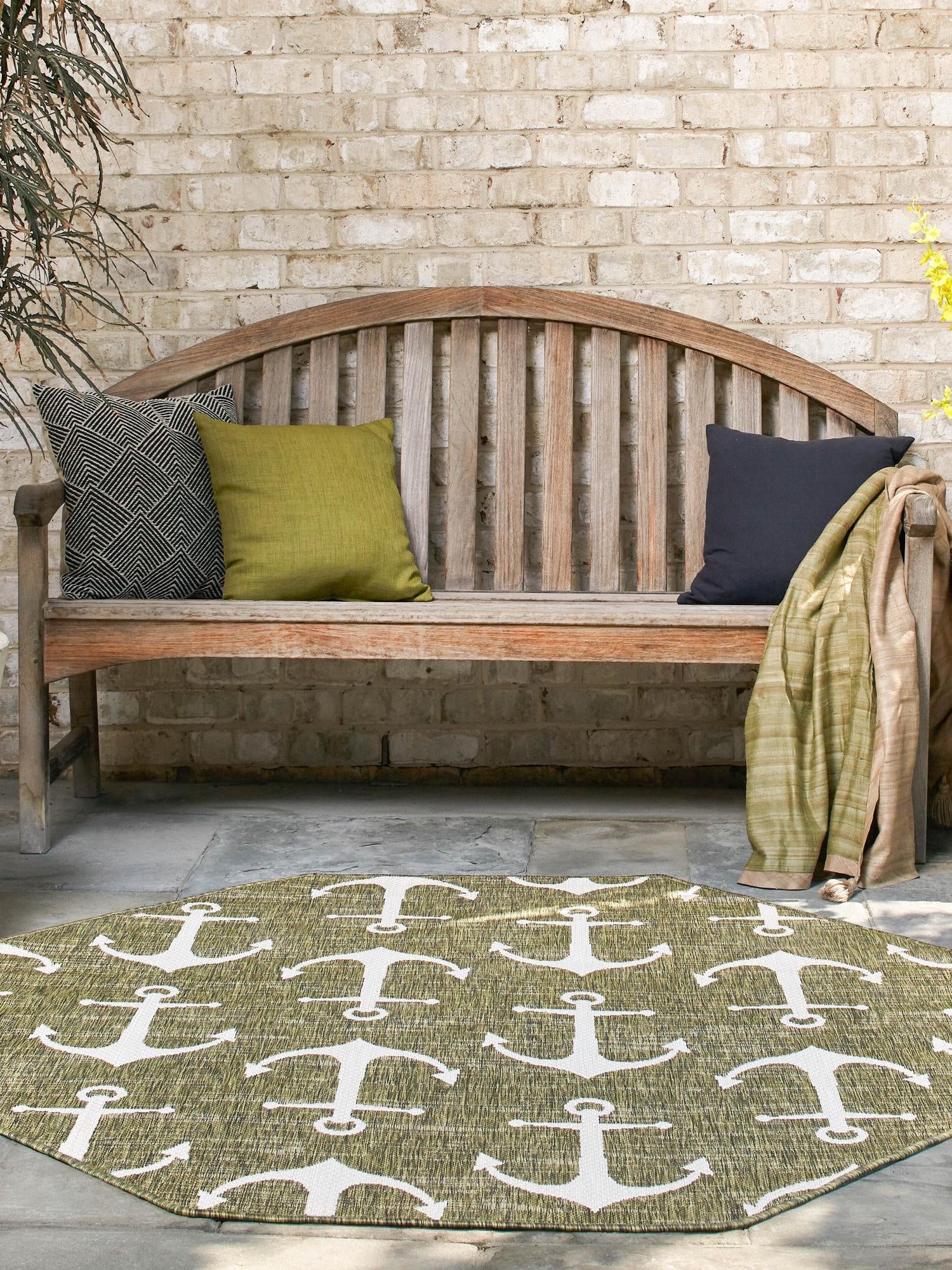 Green 5' 3 x 5' 3 Outdoor Coastal Octagon Area Rug Weather Resistant for Patio, Deck, Terrace, Balcony, Porch 100% Polypropylene Coastal Decor Carpet for Sale at Rug Engine