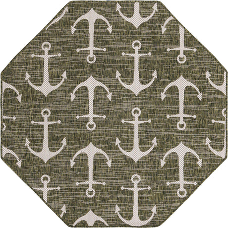 Green 5' 3 x 5' 3 Outdoor Coastal Octagon Area Rug Weather Resistant for Patio, Deck, Terrace, Balcony, Porch 100% Polypropylene Coastal Decor Carpet for Sale at Rug Engine