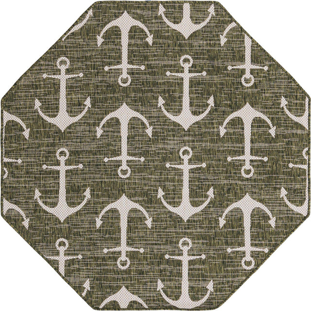 Green 5' 3 x 5' 3 Outdoor Coastal Octagon Area Rug Weather Resistant for Patio, Deck, Terrace, Balcony, Porch 100% Polypropylene Coastal Decor Carpet for Sale at Rug Engine