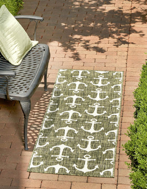 Green 2' x 6' 1 Outdoor Coastal Runner Area Rug Weather Resistant for Patio, Deck, Terrace, Balcony, Porch 100% Polypropylene Coastal Decor Carpet for Sale at Rug Engine