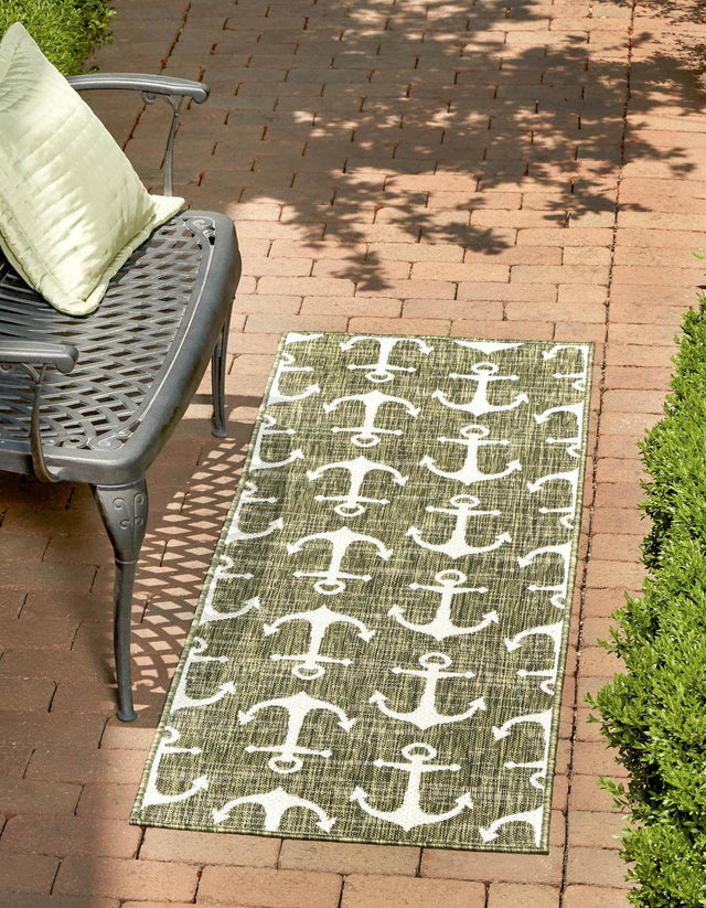Green 2' x 6' 1 Outdoor Coastal Runner Area Rug Weather Resistant for Patio, Deck, Terrace, Balcony, Porch 100% Polypropylene Coastal Decor Carpet for Sale at Rug Engine