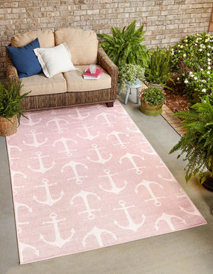 Pink 6' 1 x 9' Outdoor Coastal Rectangle Area Rug Weather Resistant for Patio, Deck, Terrace, Balcony, Porch 100% Polypropylene Coastal Decor Carpet for Sale at Rug Engine