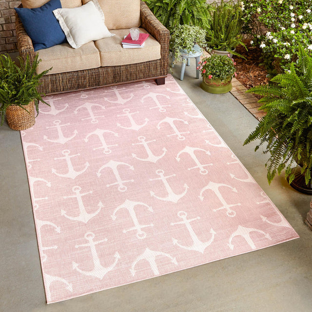 Pink 10' x 14' 1 Outdoor Coastal Rectangle Area Rug Weather Resistant for Patio, Deck, Terrace, Balcony, Porch 100% Polypropylene Coastal Decor Carpet for Sale at Rug Engine