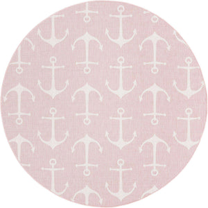 Pink 7' 10 x 7' 10 Outdoor Coastal Round Area Rug Weather Resistant for Patio, Deck, Terrace, Balcony, Porch 100% Polypropylene Coastal Decor Carpet for Sale at Rug Engine
