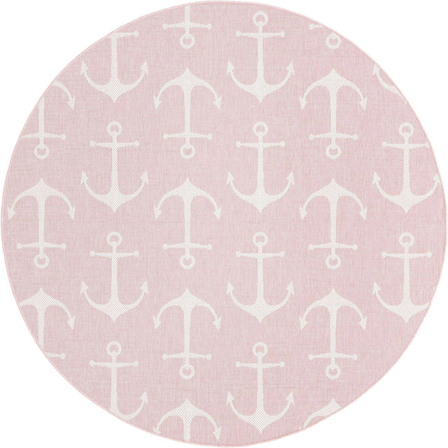 Pink 7' 10 x 7' 10 Outdoor Coastal Round Area Rug Weather Resistant for Patio, Deck, Terrace, Balcony, Porch 100% Polypropylene Coastal Decor Carpet for Sale at Rug Engine